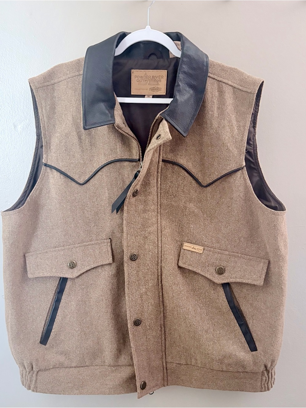 Powder River Outfitters Wool Blend Leather Collar Western Vest Mens XL Tan